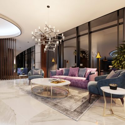 Luxurious lobby in a modern hotel with a comfortable sofa and designer armchairs. 3d rendering